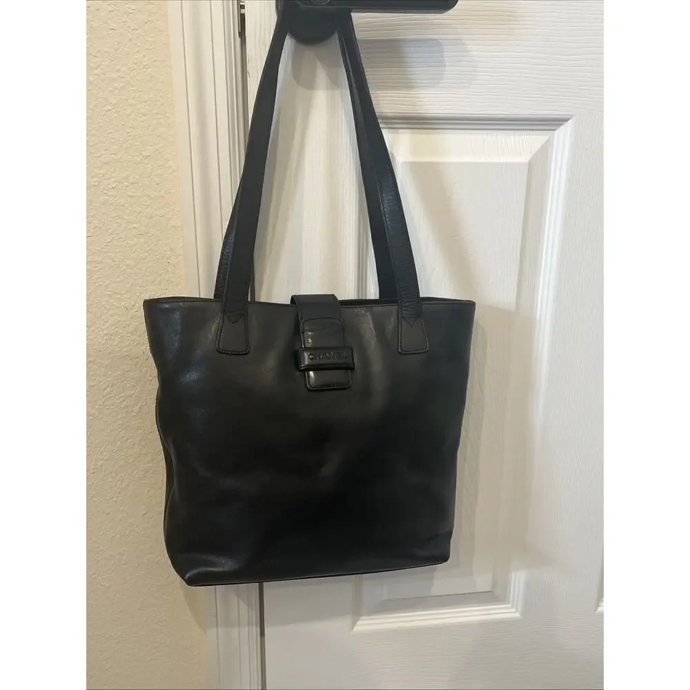 Late 1990s Vintage Chanel Smooth Black Leather Tote Bag Double Shoulder Handles